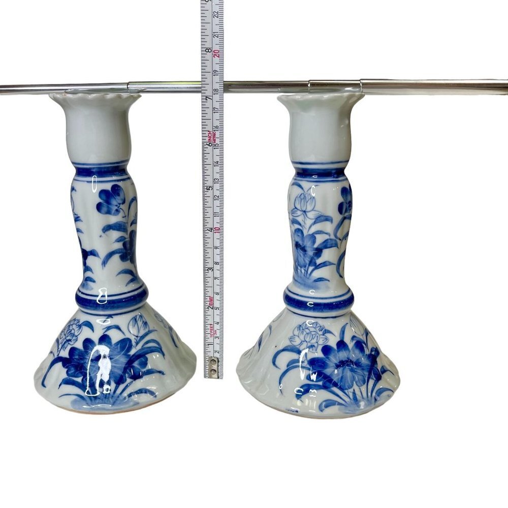 Two Thai Blue and White Floral Hand Painted Stoneware Candle Stick Holders Vtg - Picture 7 of 8